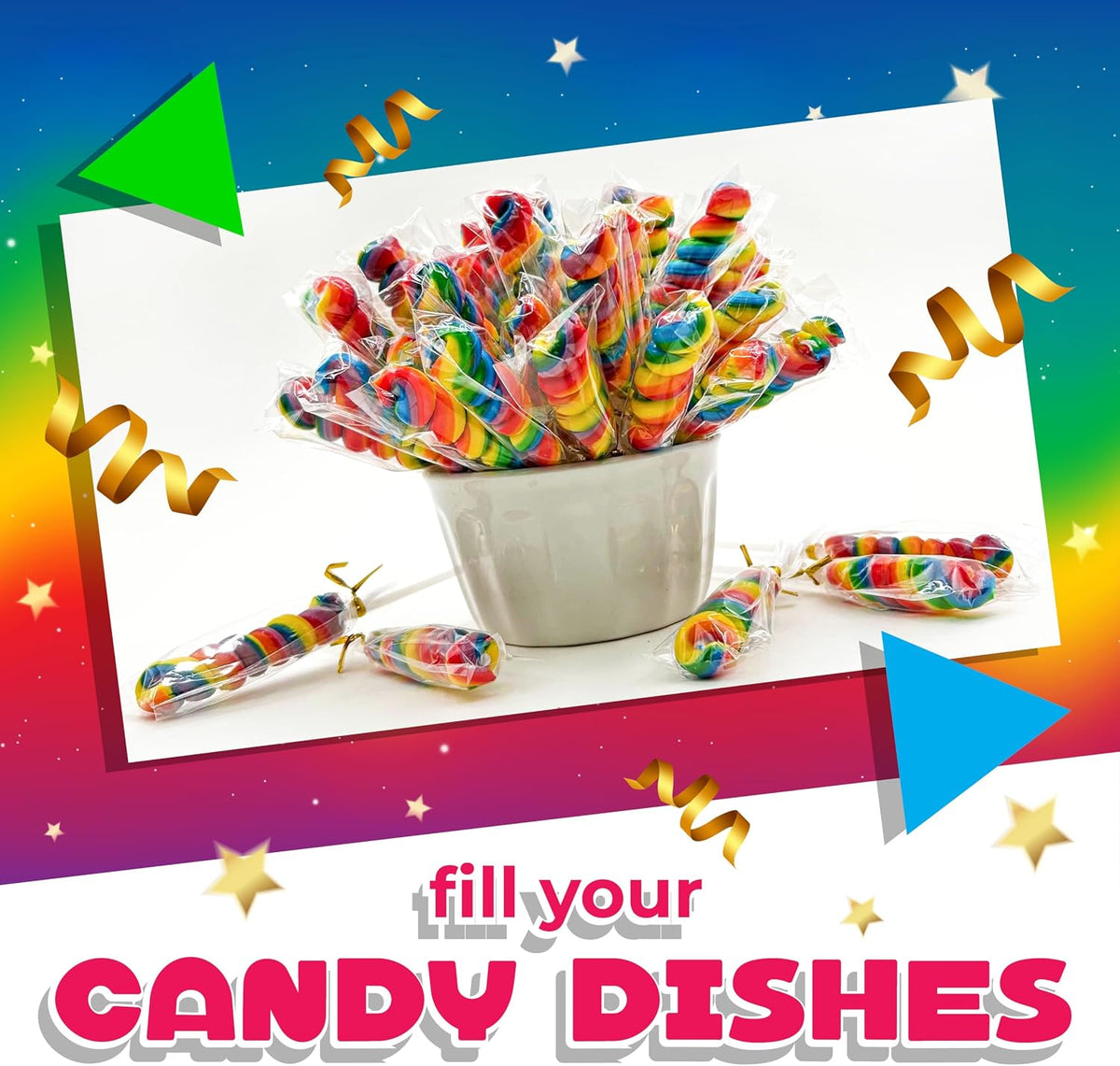 Thirty count jar of colorful rainbow twist lollipops for goodie bags.