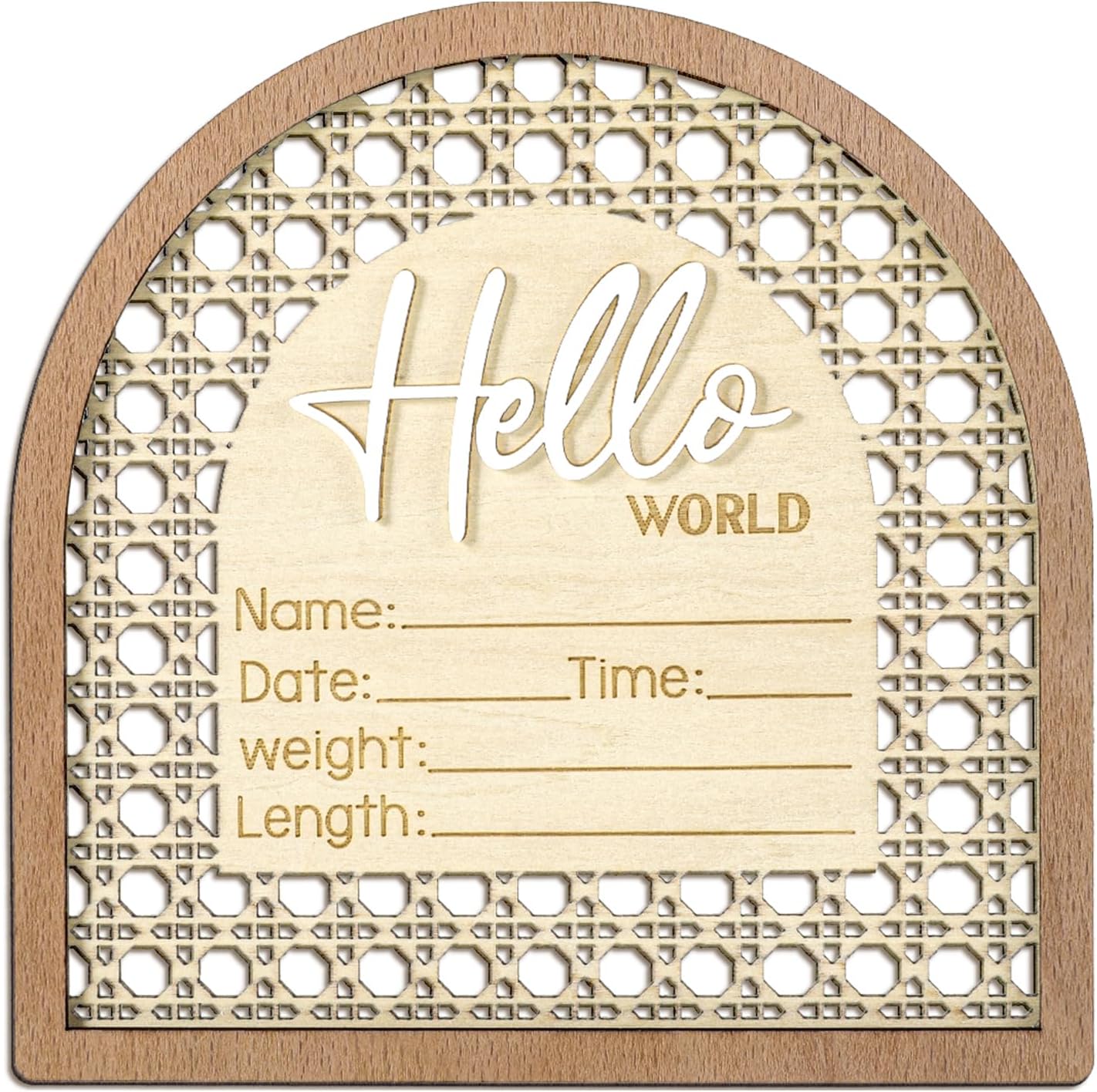 Josojoou baby announcement sign front view showcasing 3D Hello World lettering for newborn photography.