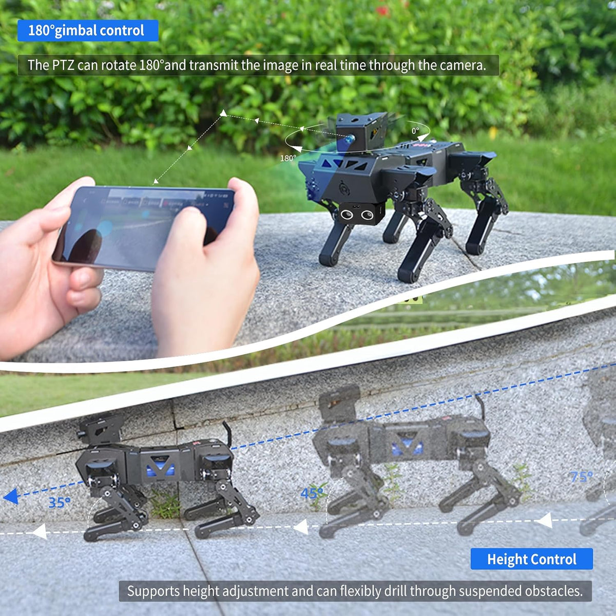 XiaoR Geek educational robot dog demonstrating obstacle avoidance sensors