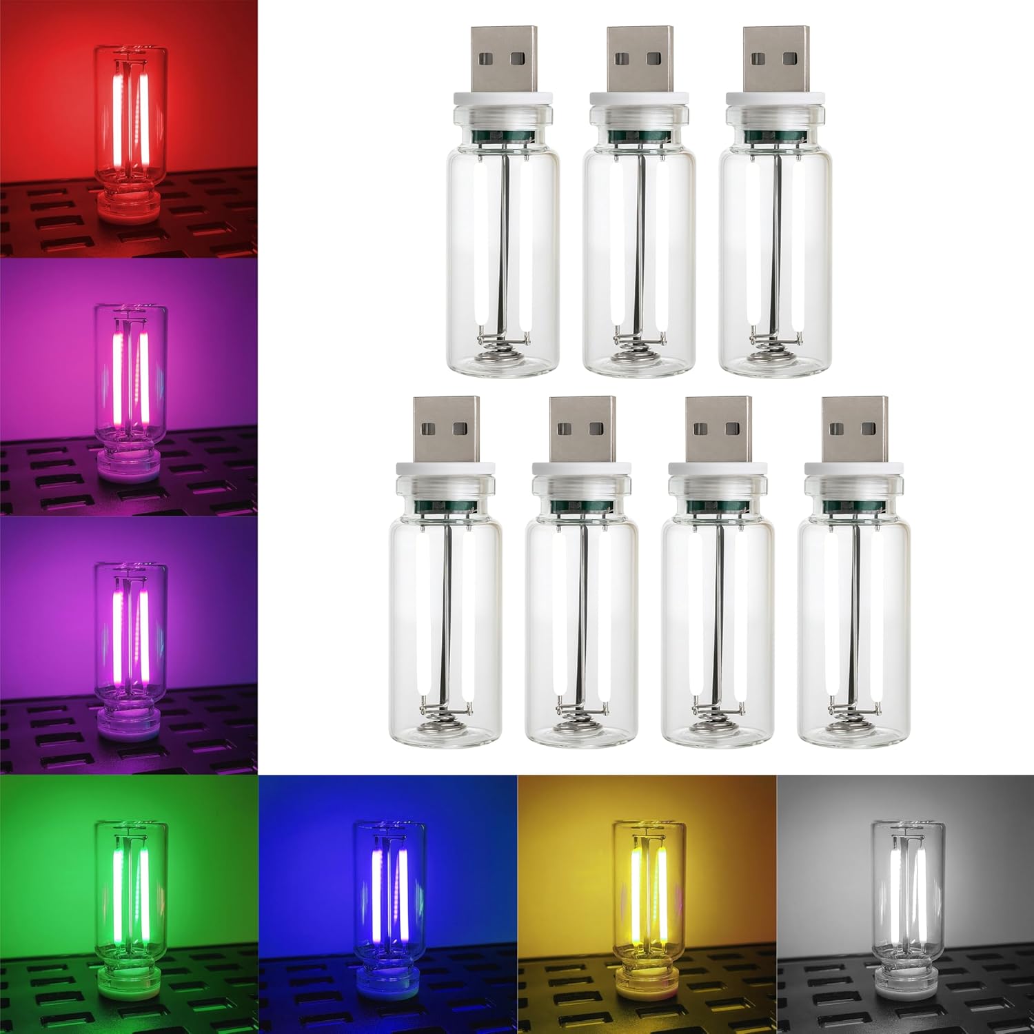 Marsrut USB interior car lights front view showcasing the seven-piece colorful retro glass bottle lamps set.