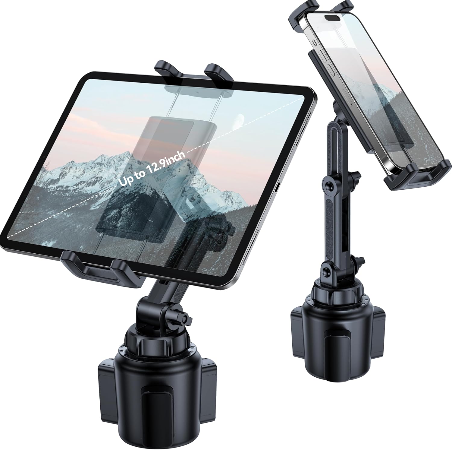 BOOMVATO cup holder tablet mount front view showing expandable base