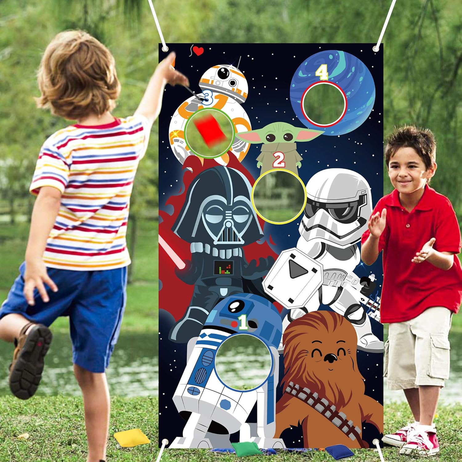 Erguanfoiun Galaxy Wars toss game banner and bean bags front view