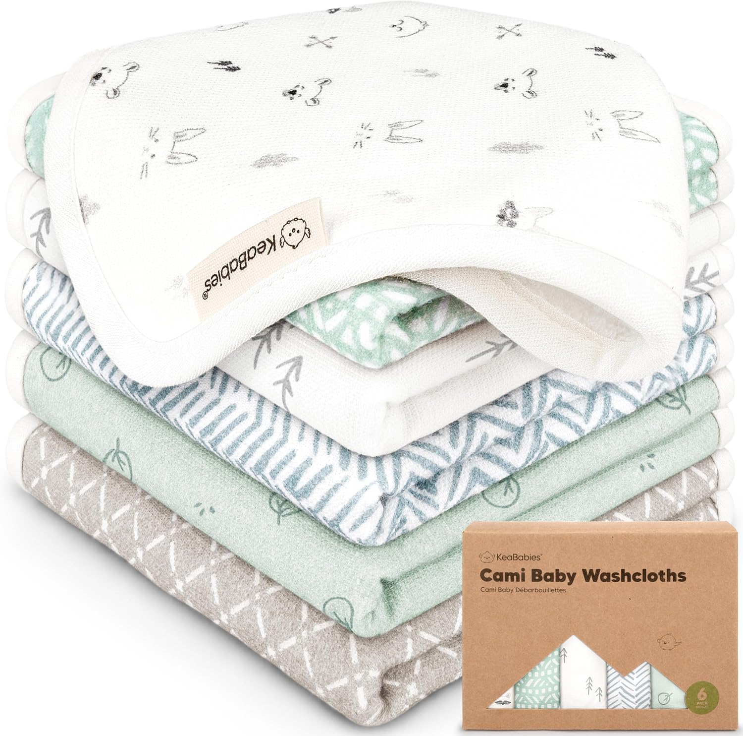 KeaBabies Cami 6-Pack Baby Washcloths front view