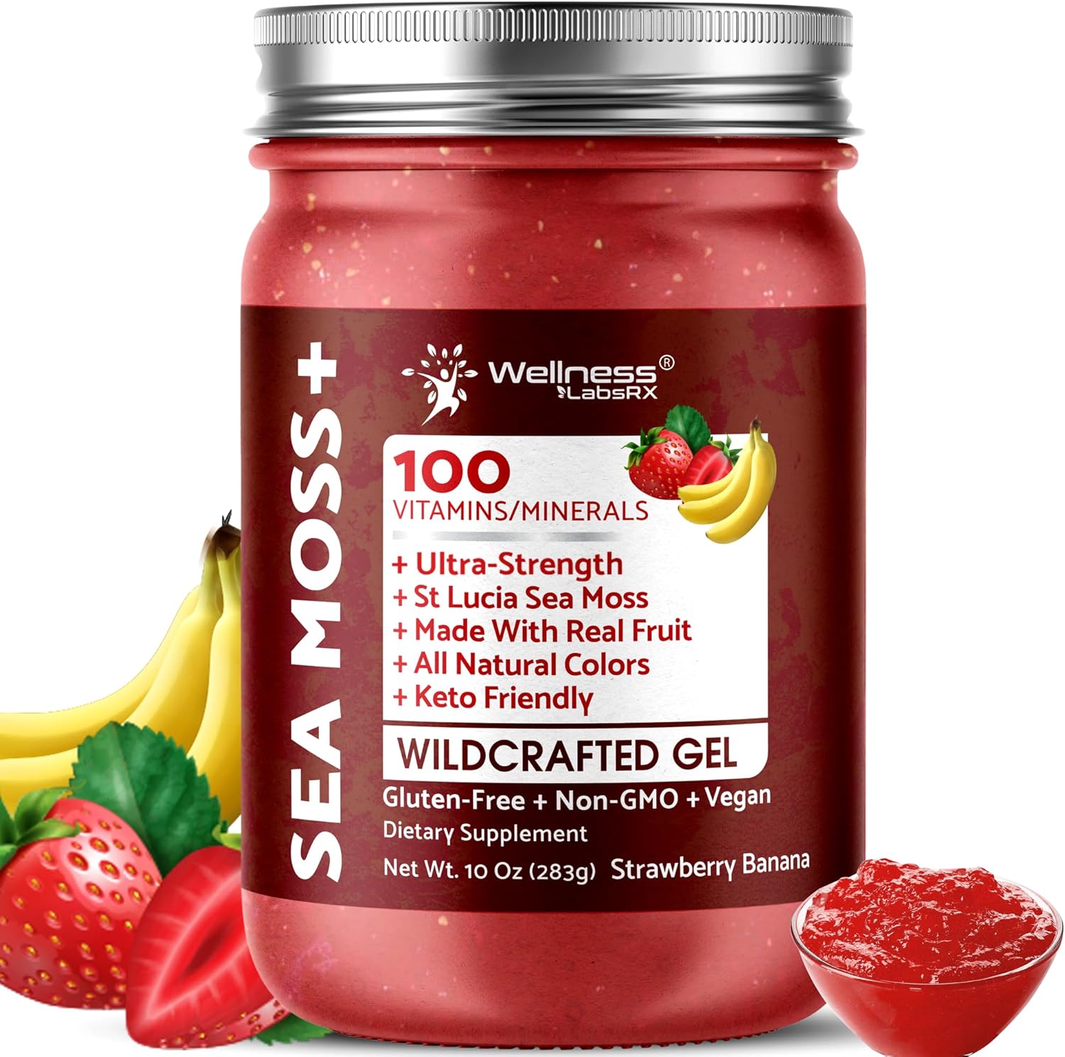 Irish Sea Moss Gel Raw - Wildcrafted Superfood Seamoss Gel - Strawberry Banana Flavor, Vitamin and Mineral-Rich from Pristine Caribbean Waters, Immune and Digestive Health Support - 10 oz. - Image 1