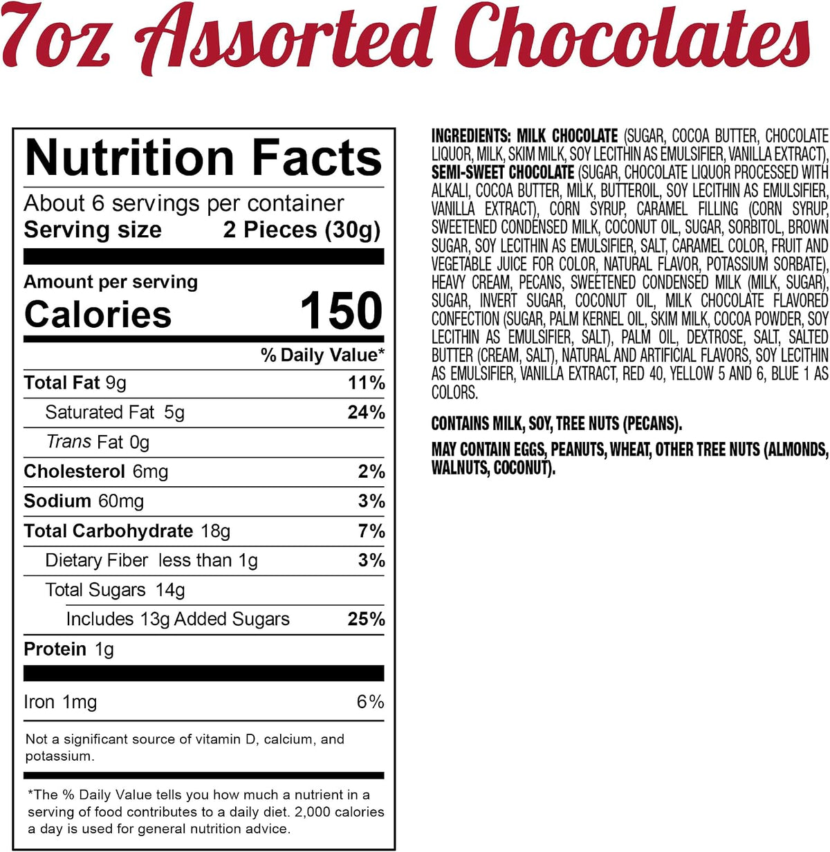 Fannie May assorted chocolate selection seven Ounce packaging showing flavor varieties