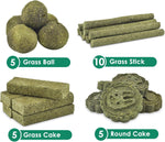 High fiber animal treats by ERKOON showing nutritional details and organic grass content