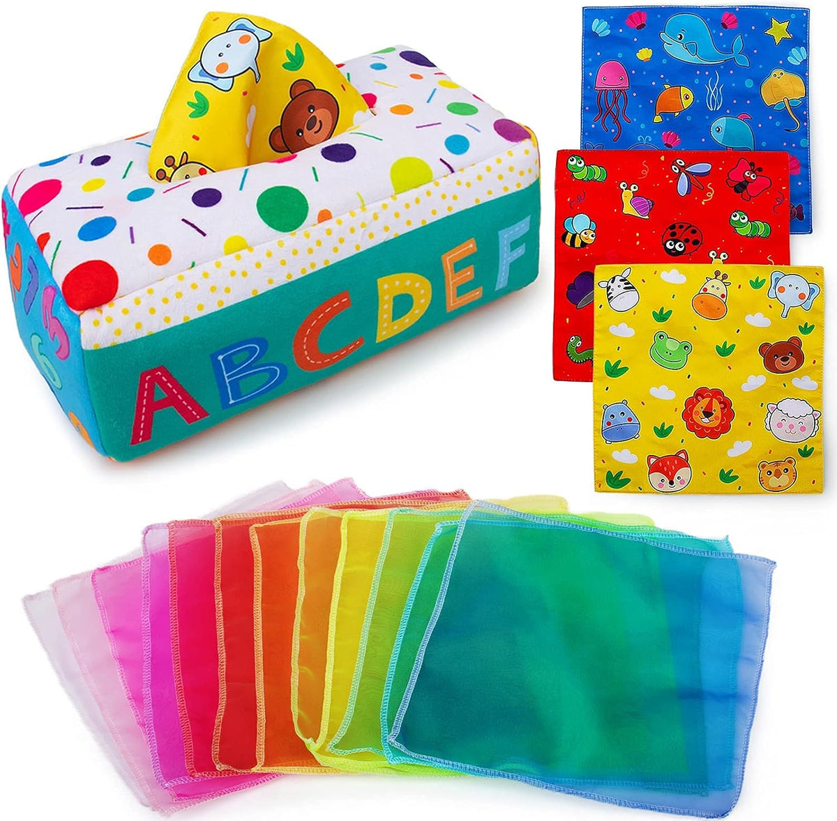 Teytoy My First Baby Tissue Box front view showcasing the plush polka dot container with colorful scarves peek-a-boo style