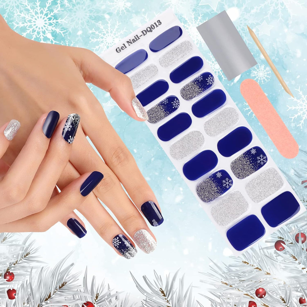 EBANKU Christmas glitter blue gel nail strips front view package