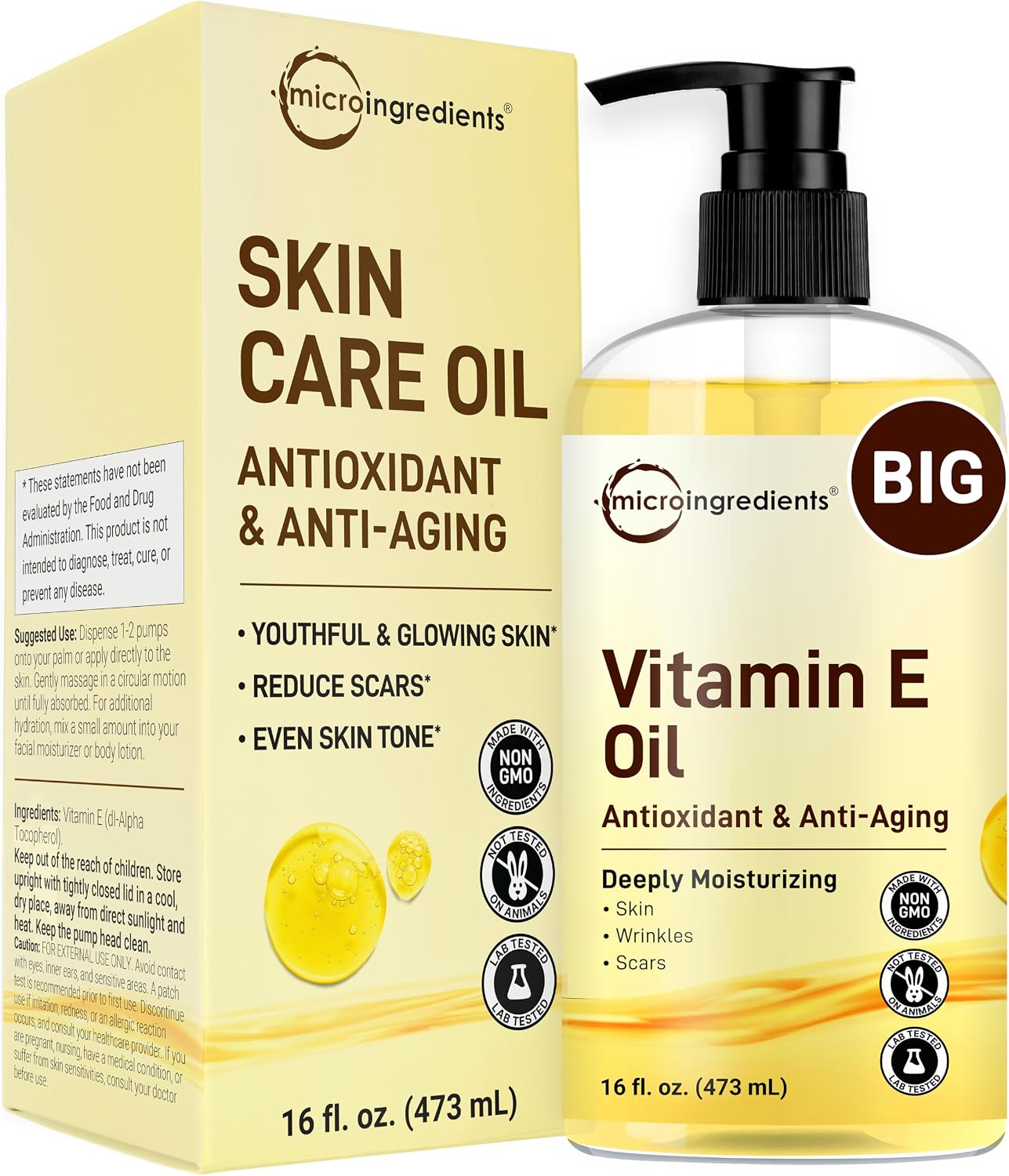 Micro ingredients vitamin e oil front view bottle packaging