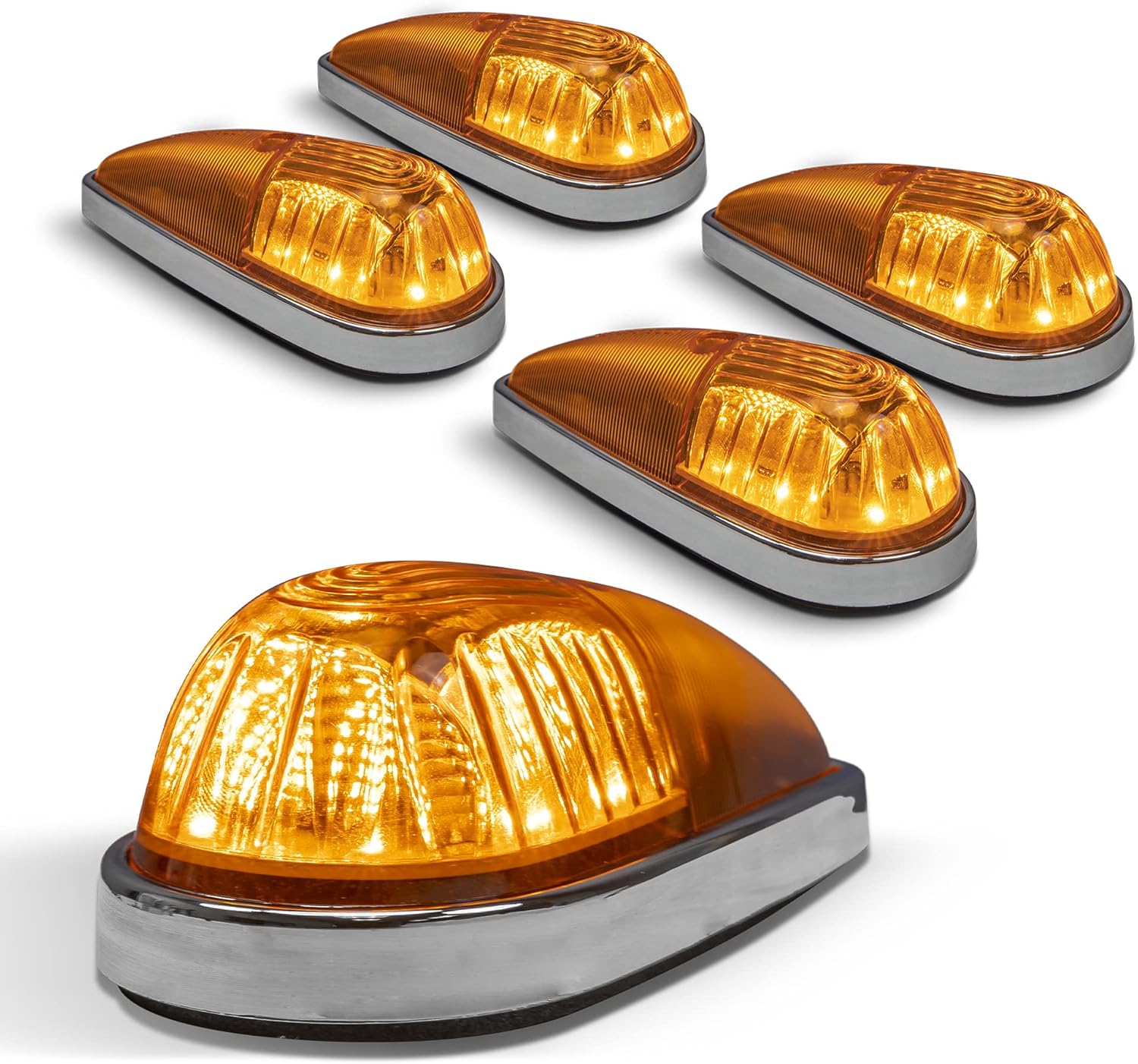 TRUE MODS Amber LED Teardrop Cab Marker Light Kit front view showing five chrome base lights