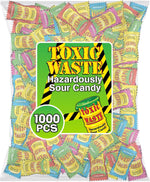 Toxic Waste candy five flavors assortment layout including apple watermelon lemon blue raspberry black cherry