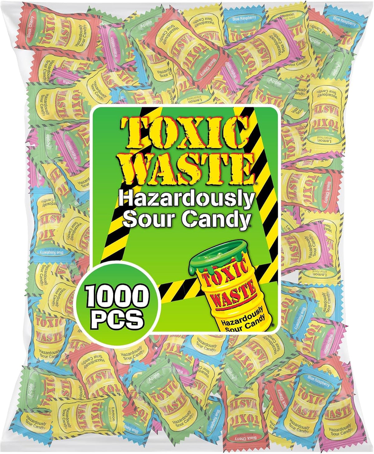 Toxic Waste candy five flavors assortment layout including apple watermelon lemon blue raspberry black cherry