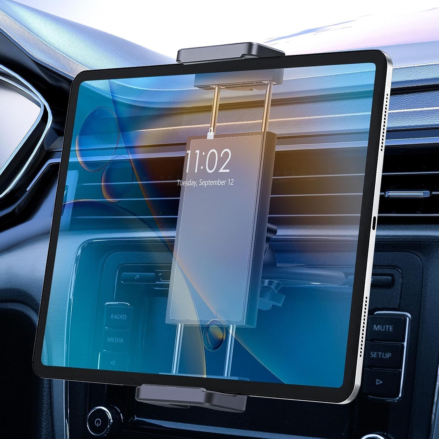 EEEKit 2 in 1 CD slot tablet car mount front view holding a large tablet securely on a vehicle dashboard.