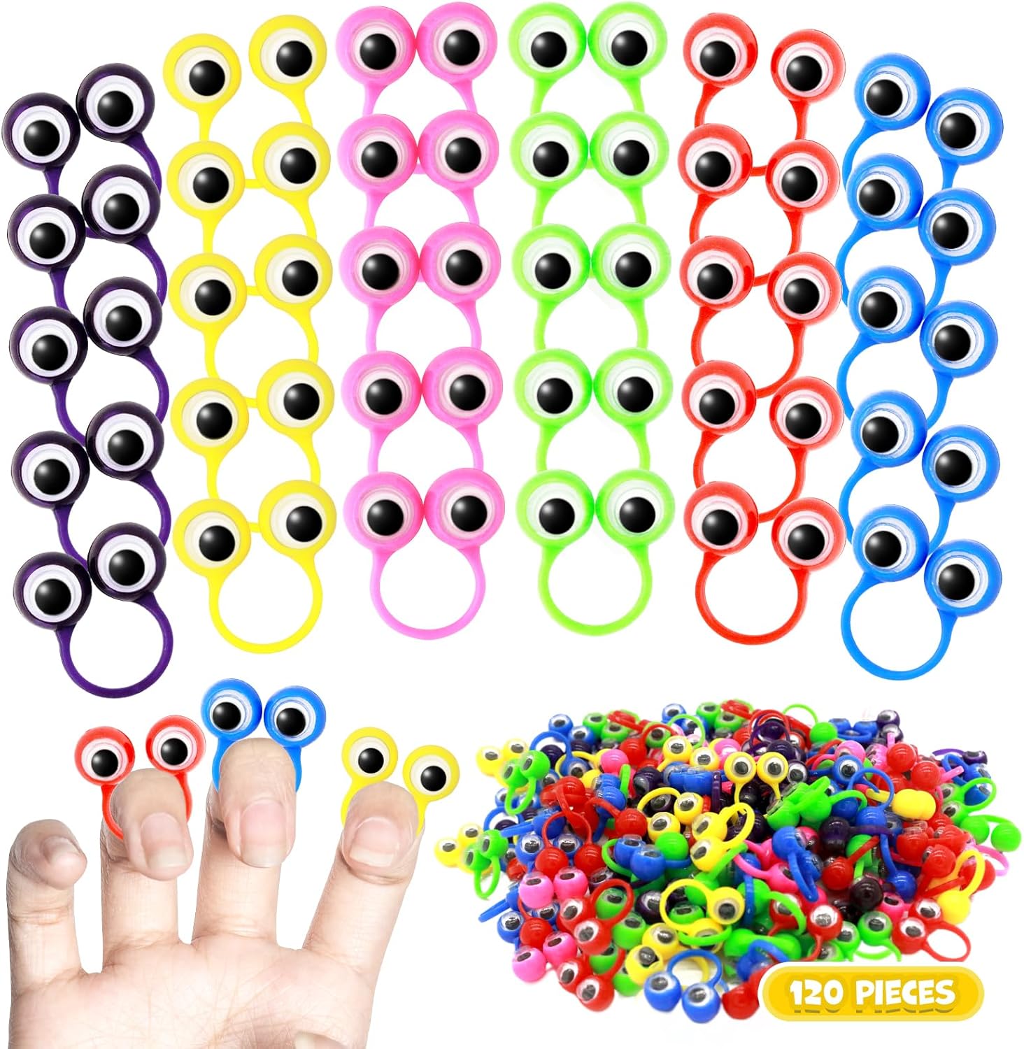 Liesedada 120 Count Eye Finger Puppets bulk pack front view showing multicolored googly eye rings.