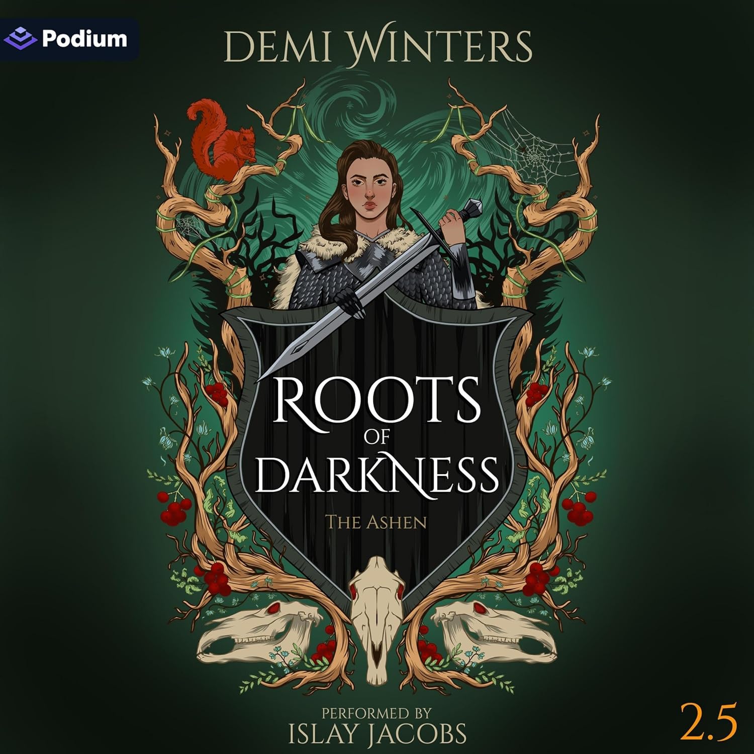 Demi Winters Roots of Darkness Ashen Series audiobook cover featuring intricate fantasy motifs and roots.
