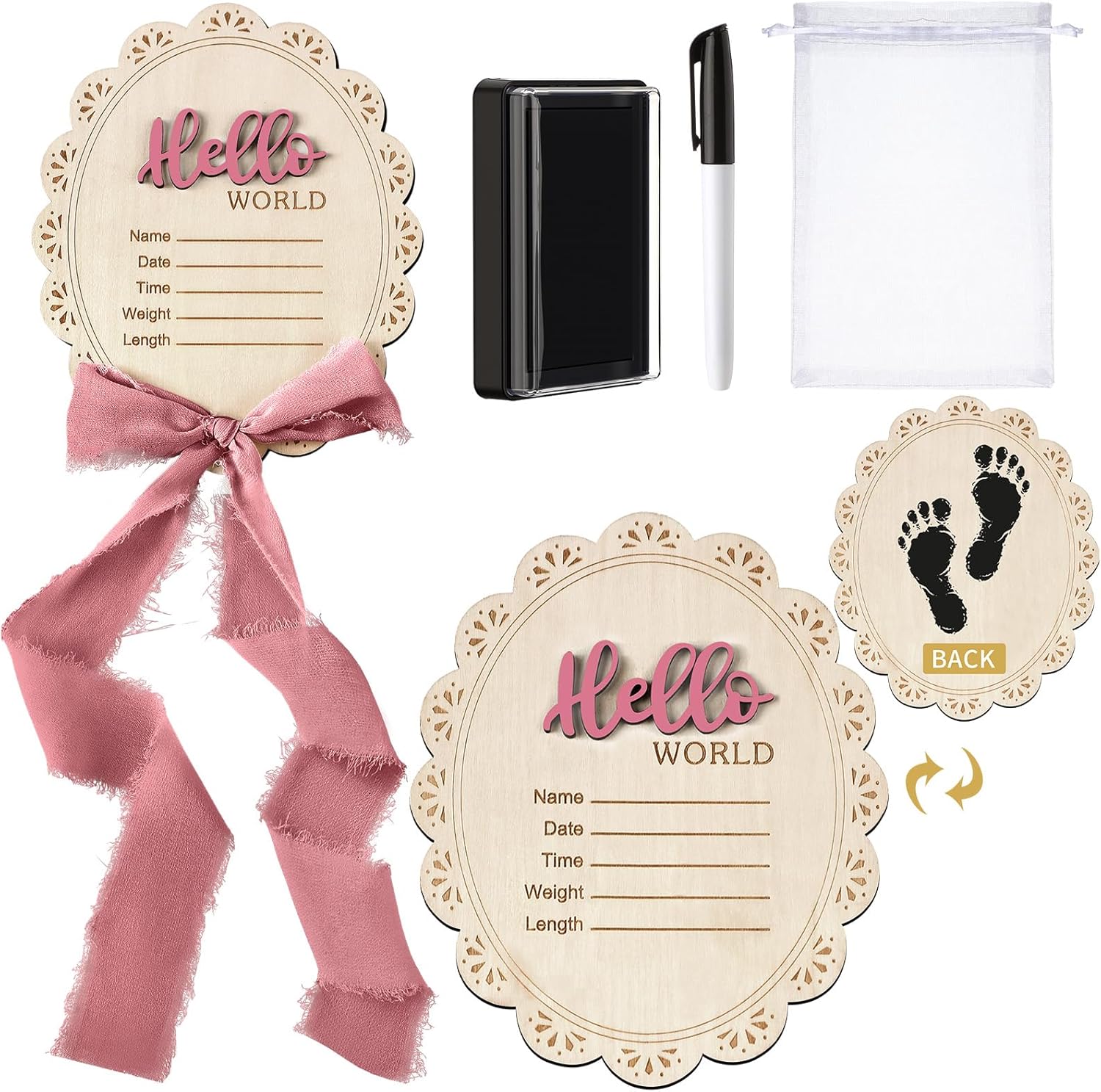 Sweety Baby wooden hello world newborn sign front view with rose pink bow ribbon
