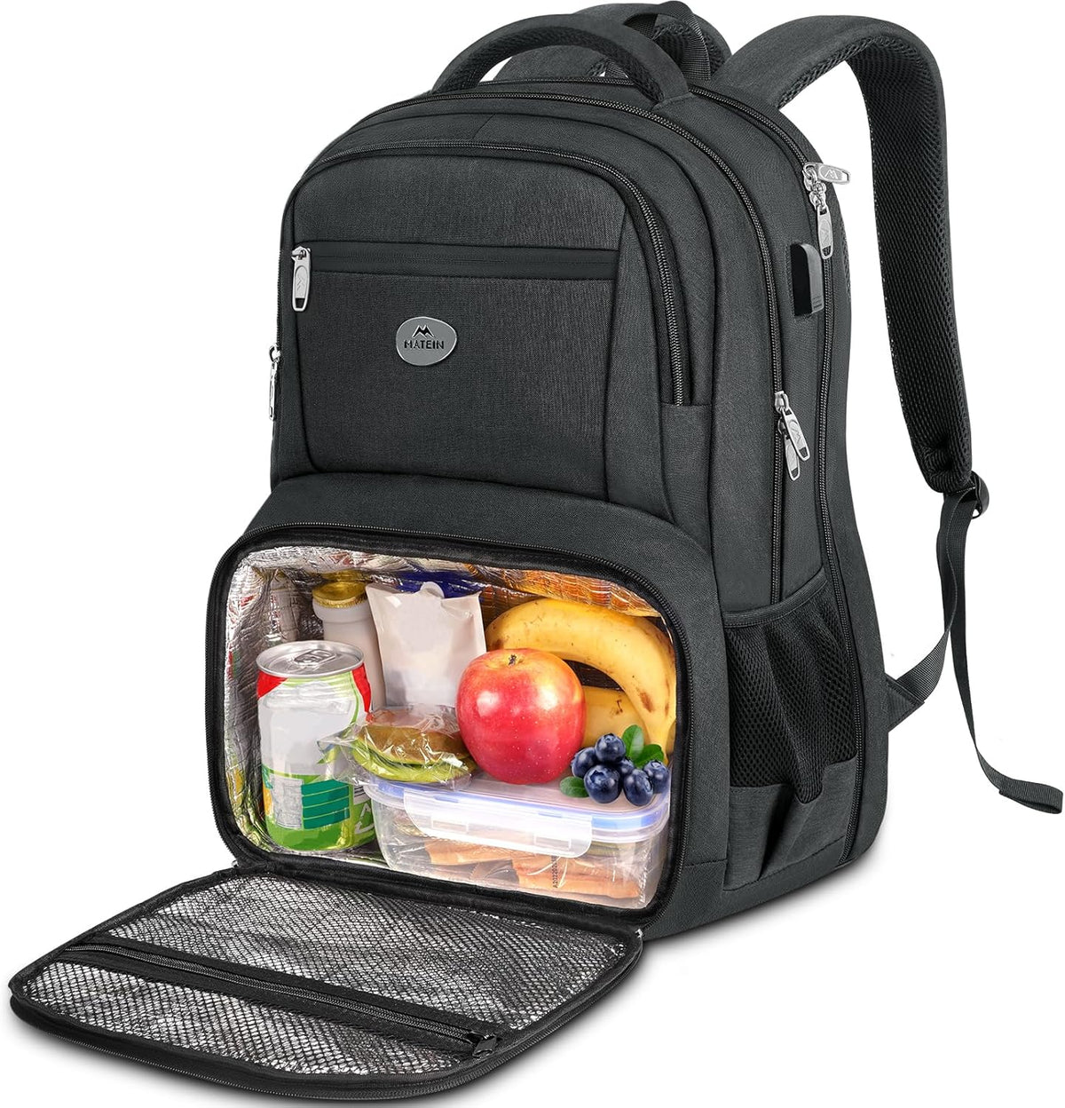 Matein 17 inch laptop backpack front view showing premium black water-resistant fabric