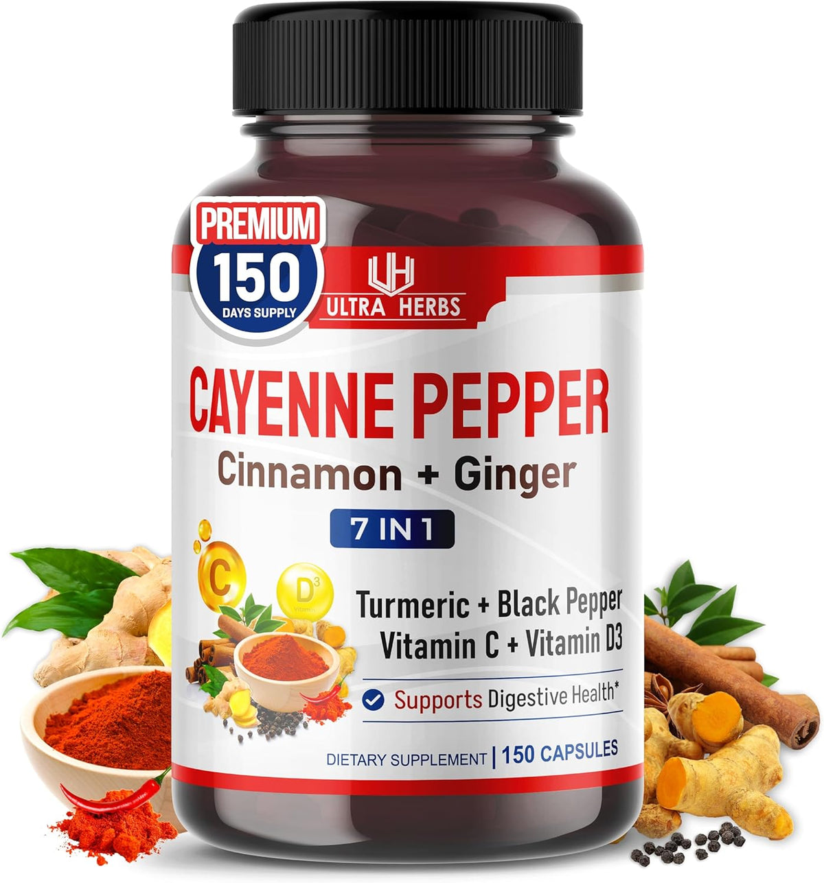 Cayenne Pepper 7 in 1 - with Ginger, Turmeric, Cinnamon, Black Pepper - Promotes Digestive System Function (150-day Supply (Pack of 1)) - Image 1