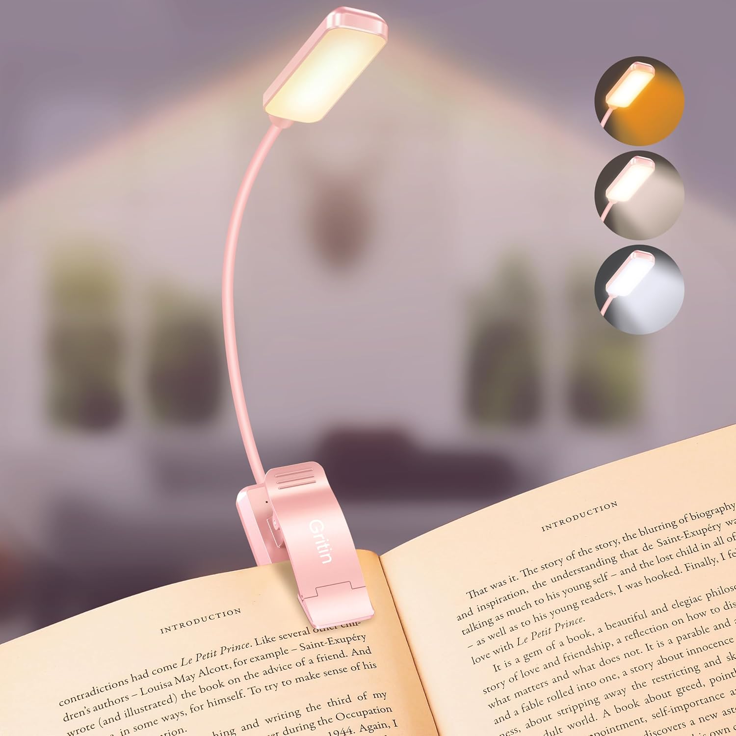 Gritin rechargeable book light front view pink clip on reading lamp