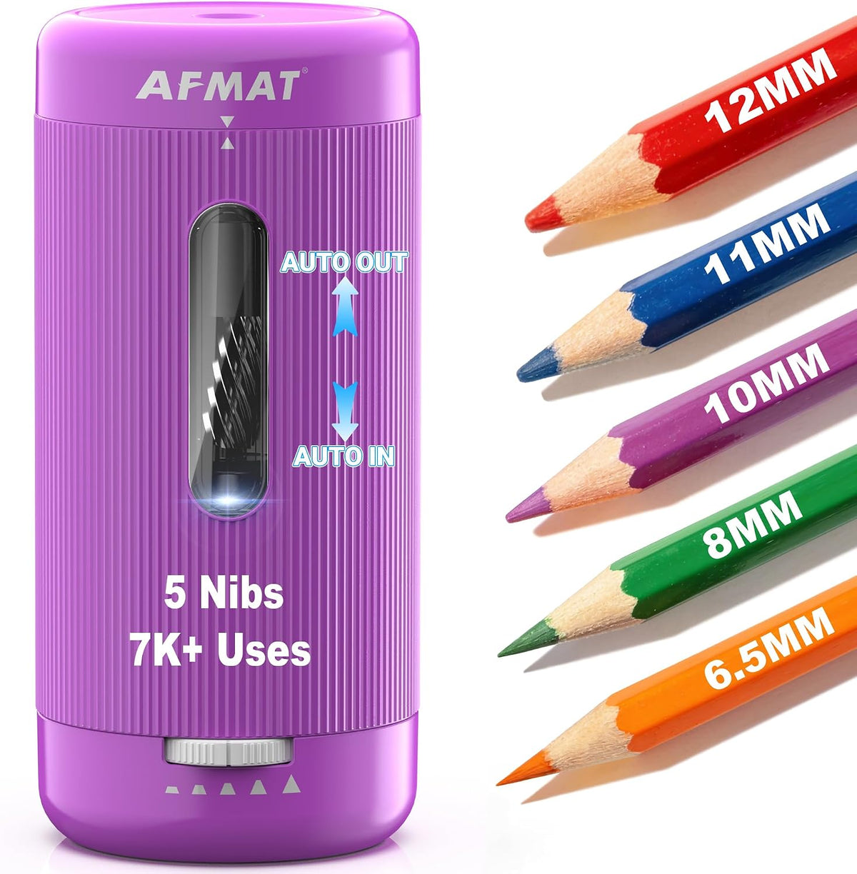 AFMAT Electric Pencil Sharpener, Auto in & Out, 5 Nibs, 7K+ Uses, Fully Automatic Pencil Sharpener for Classroom, Rechargeable Hands-Free Sharpeners for Jumbo/Colored Pencils (6.5-12mm) PSC3(Black) - Image 12