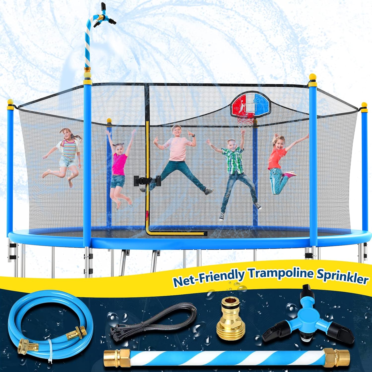 Vantic Trampoline Sprinkler front view of blue rotating assembly showing premium brass connection points.