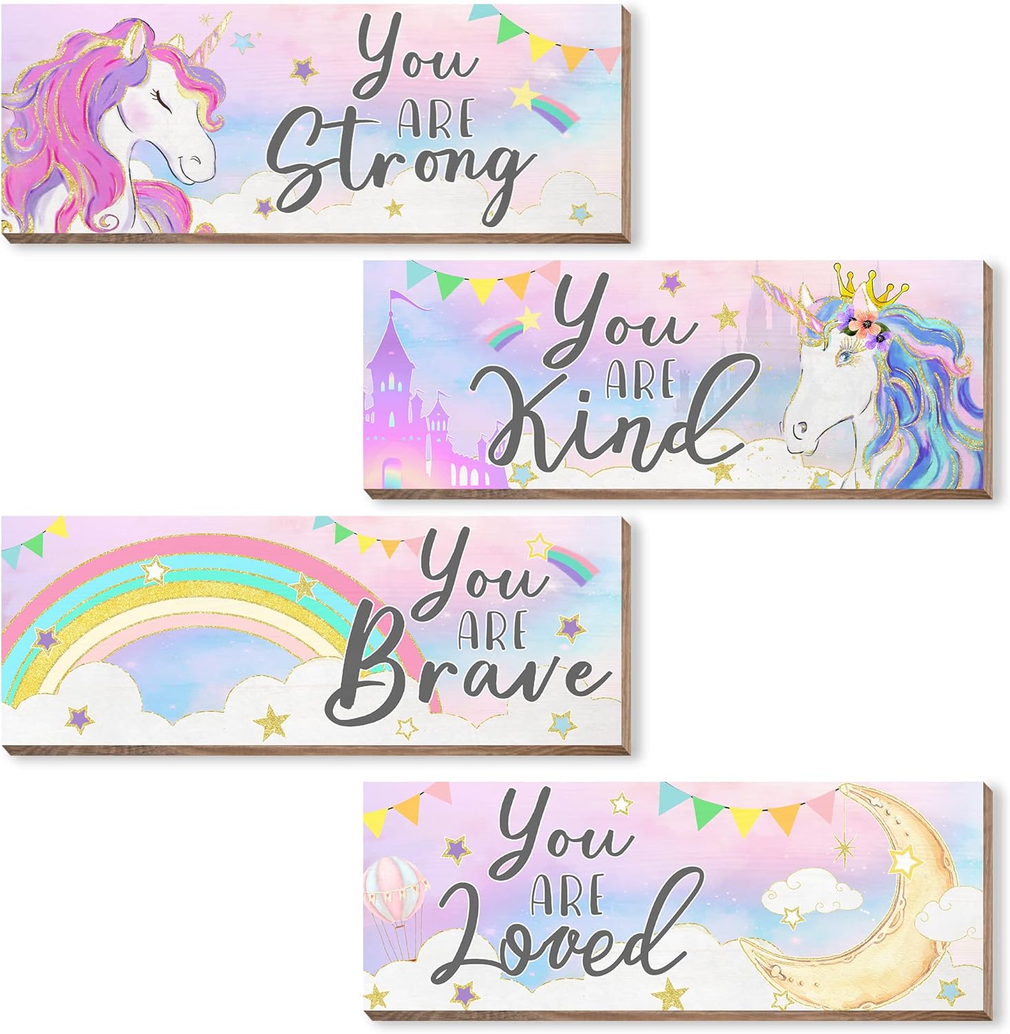 CloverKoi unicorn room decor front view of four wooden motivational wall art plaques.
