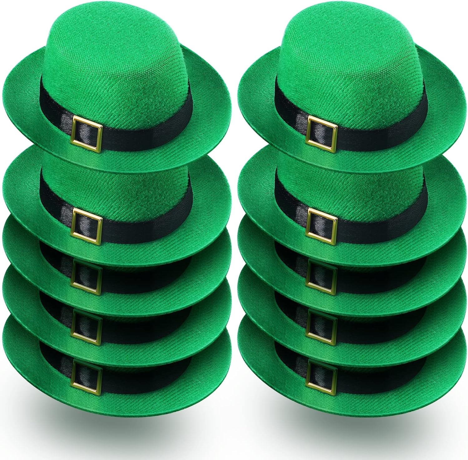 Civaner 10 Pieces Mini Leprechaun Hats front view showing green fabric and gold buckle.