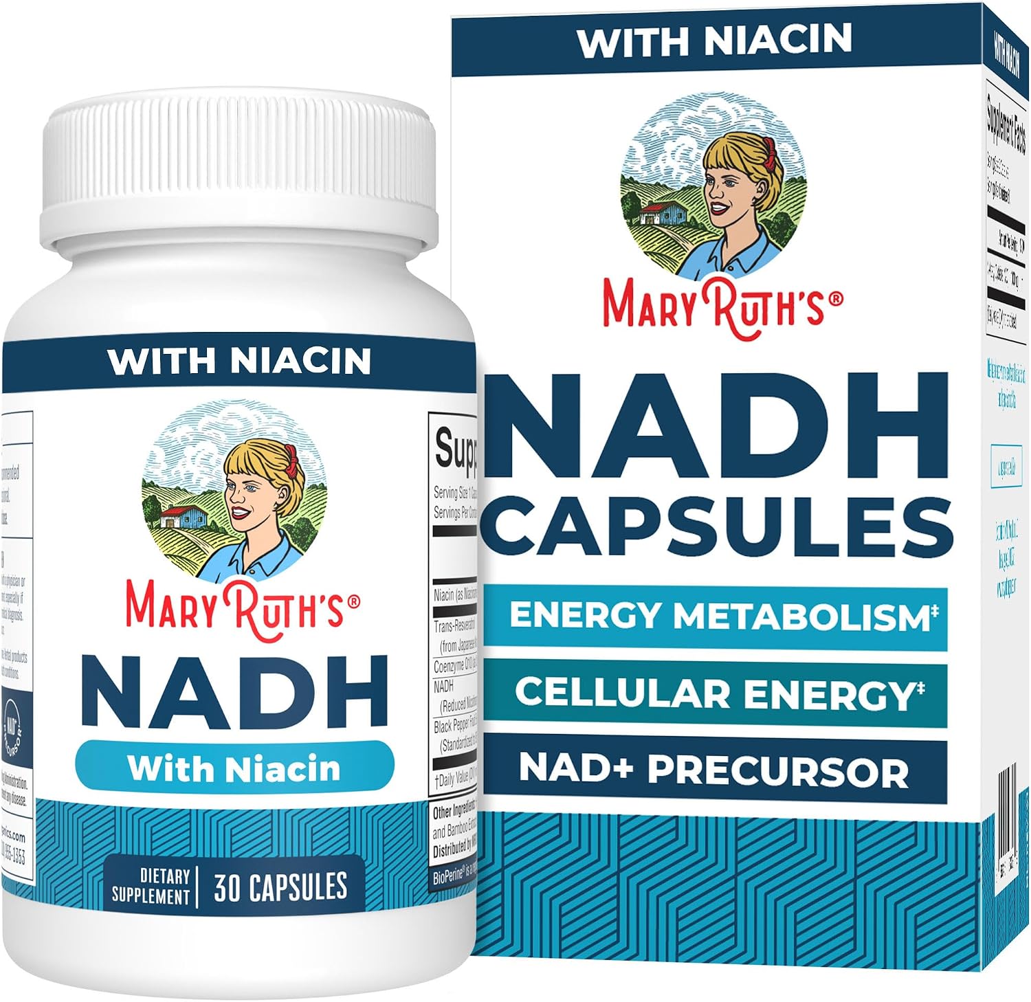 MaryRuth's NADH capsules front bottle view showing 30 servings and vegan label
