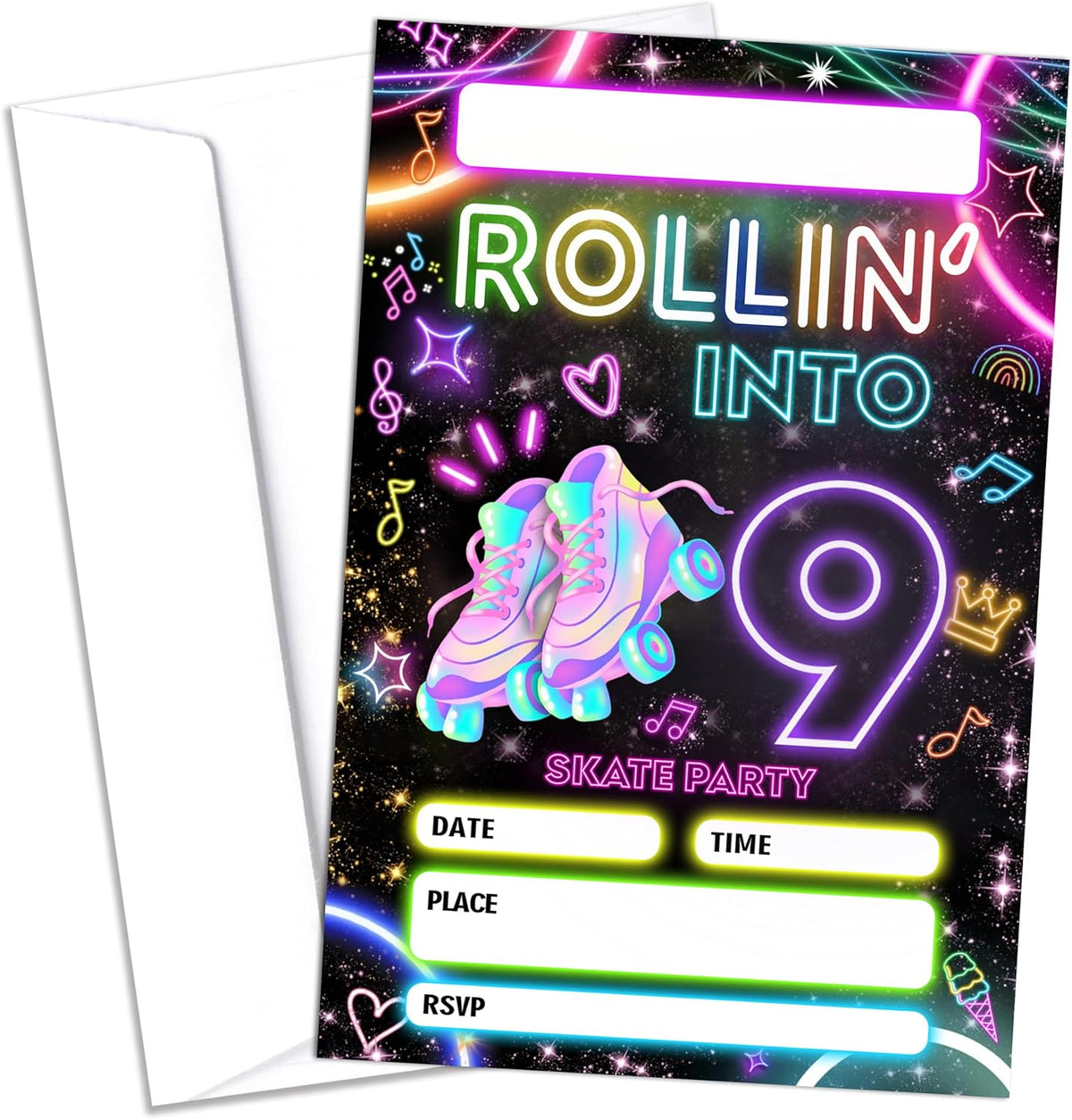 Sahjzk 9th roller skating birthday party invitations front view showing neon skate design