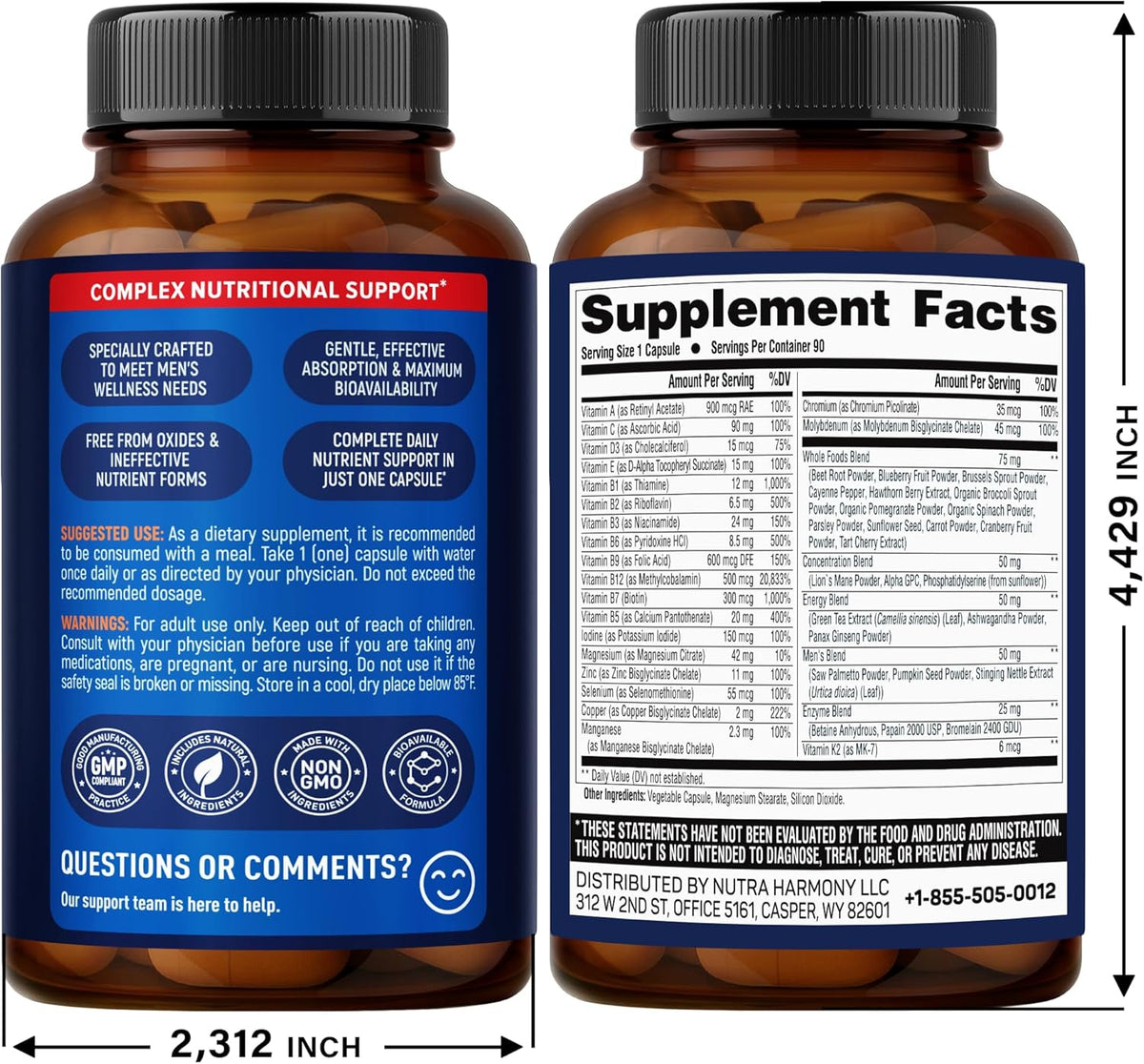 Nutraharmony daily wellness supplement capsules spilled out near bottle packaging