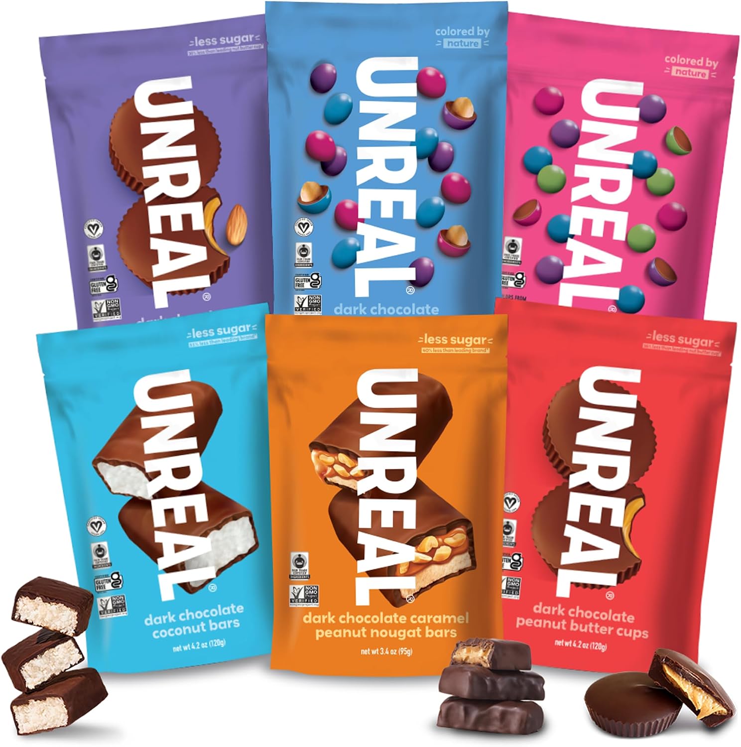 UNREAL Complete Variety Pack front view showing six different chocolate snack bags.