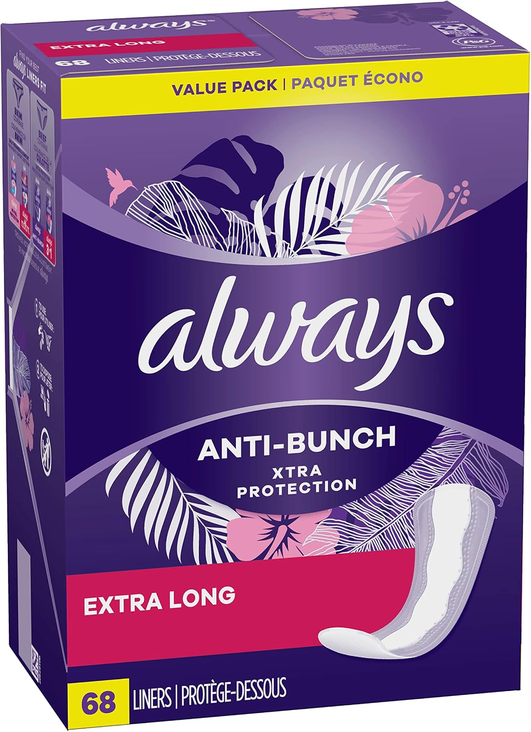 Always daily liners box showing 68 count value pack