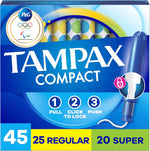 Tampax Compact Pearl Tampons Multipack front view showing 45 count box.