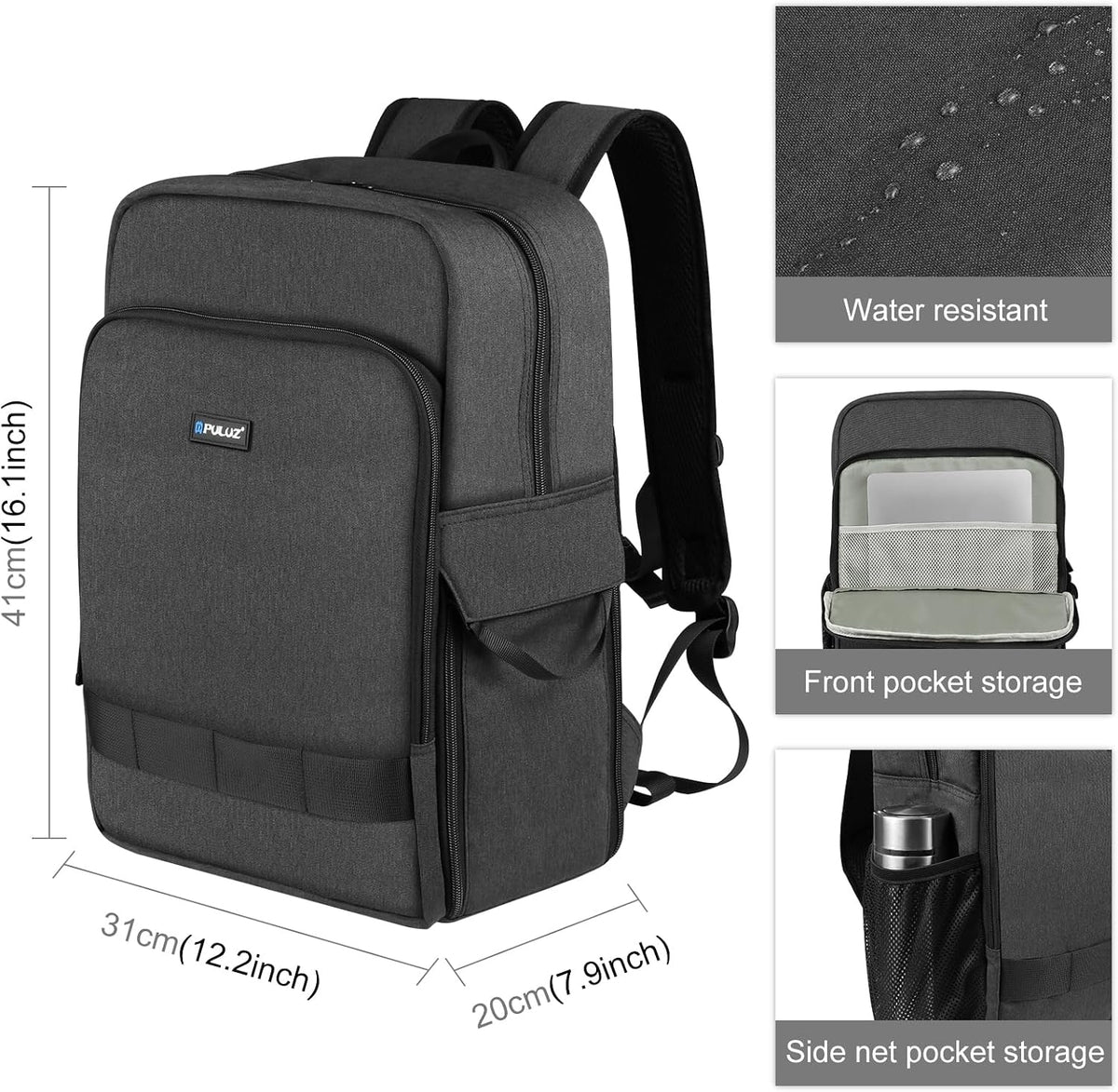 PULUZ camera bag side view highlighting quick access zipper compartment