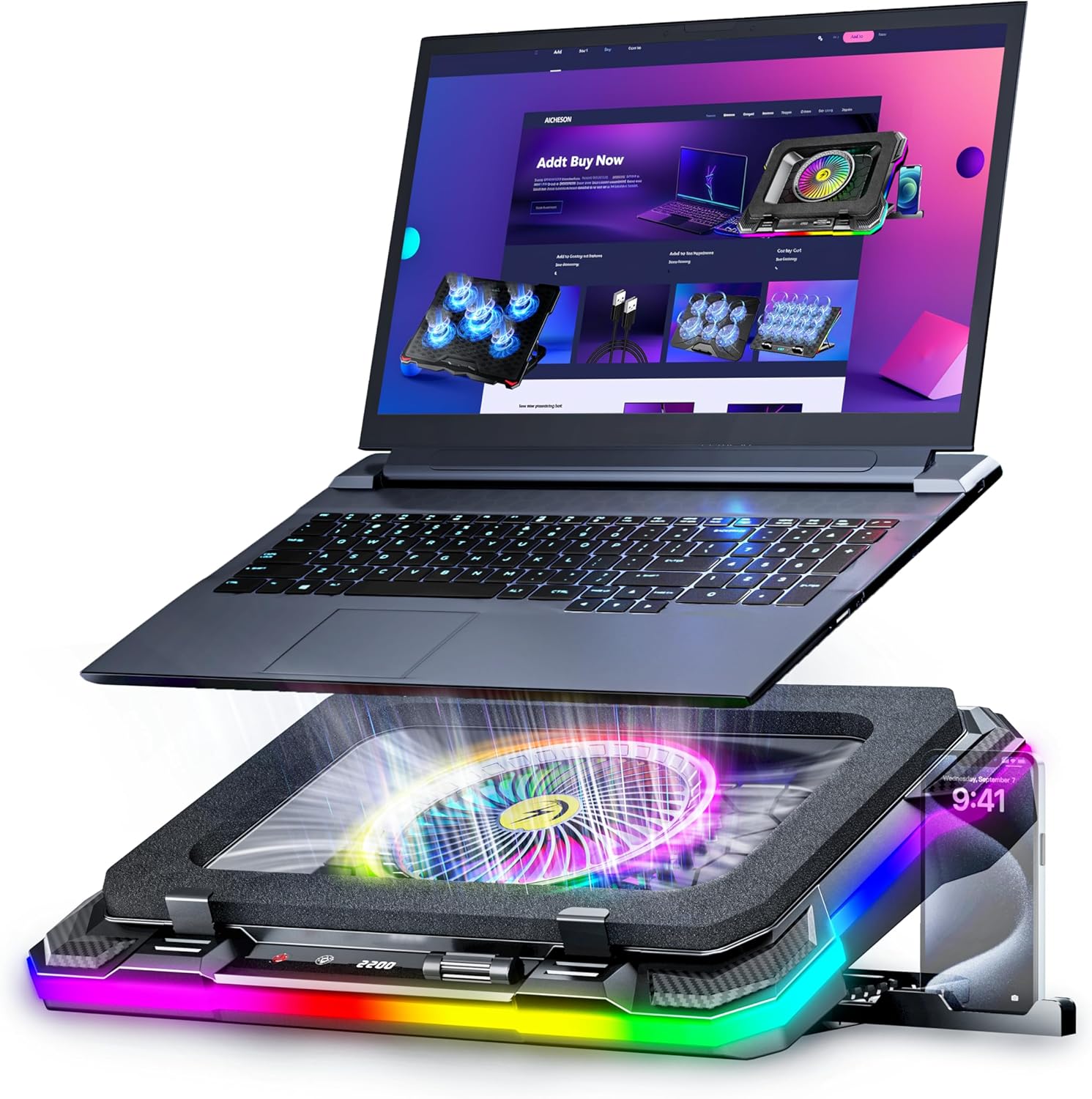 AICHESON gaming laptop cooling pad front view highlighting the central fan and colorful RGB perimeter lighting.