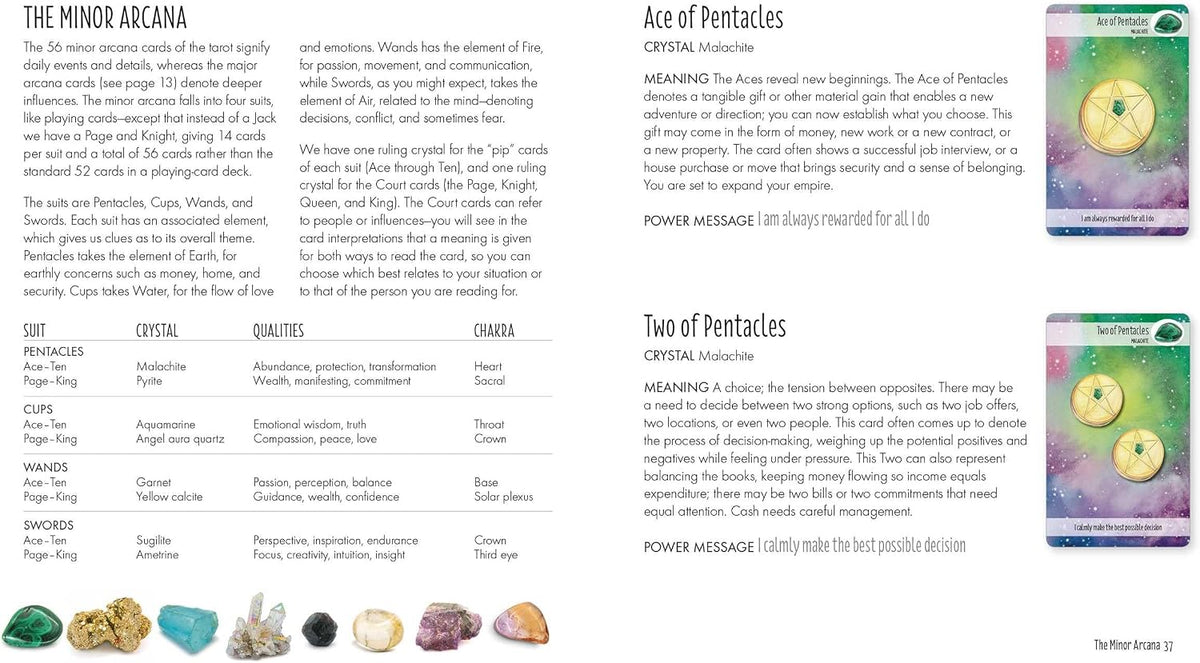 Close-up view of a custom tarot card featuring crystal illustrations