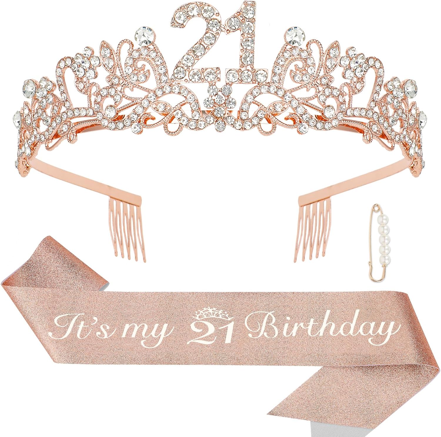Semato 21st birthday decorations kit front view showcasing rose gold rhinestone crown and glitter fabric sash