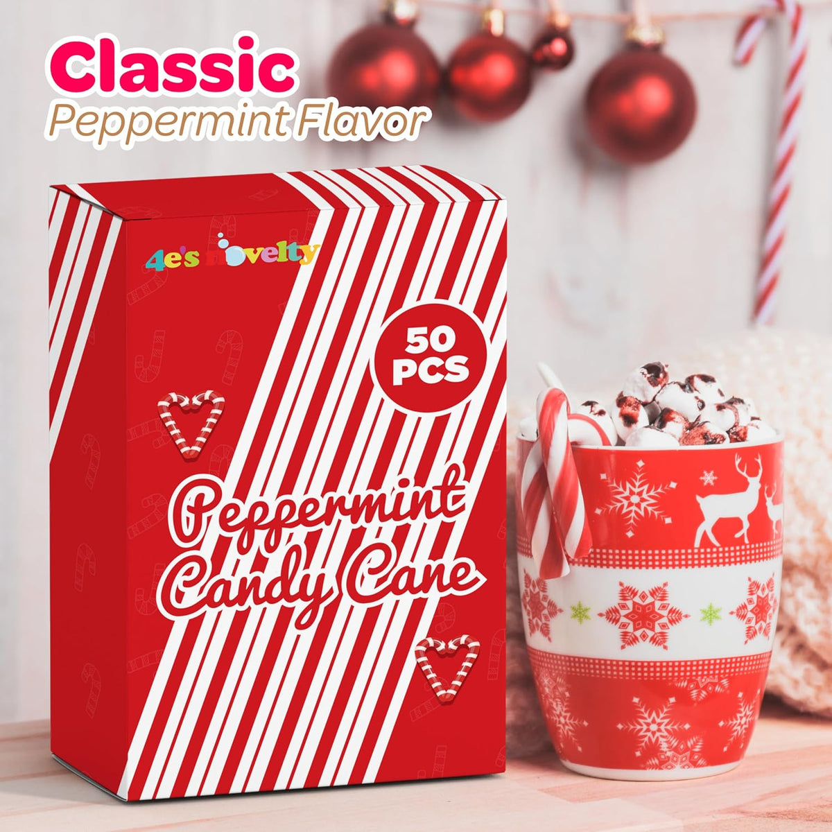 Packaging view of 4E's Novelty bulk mini candy canes