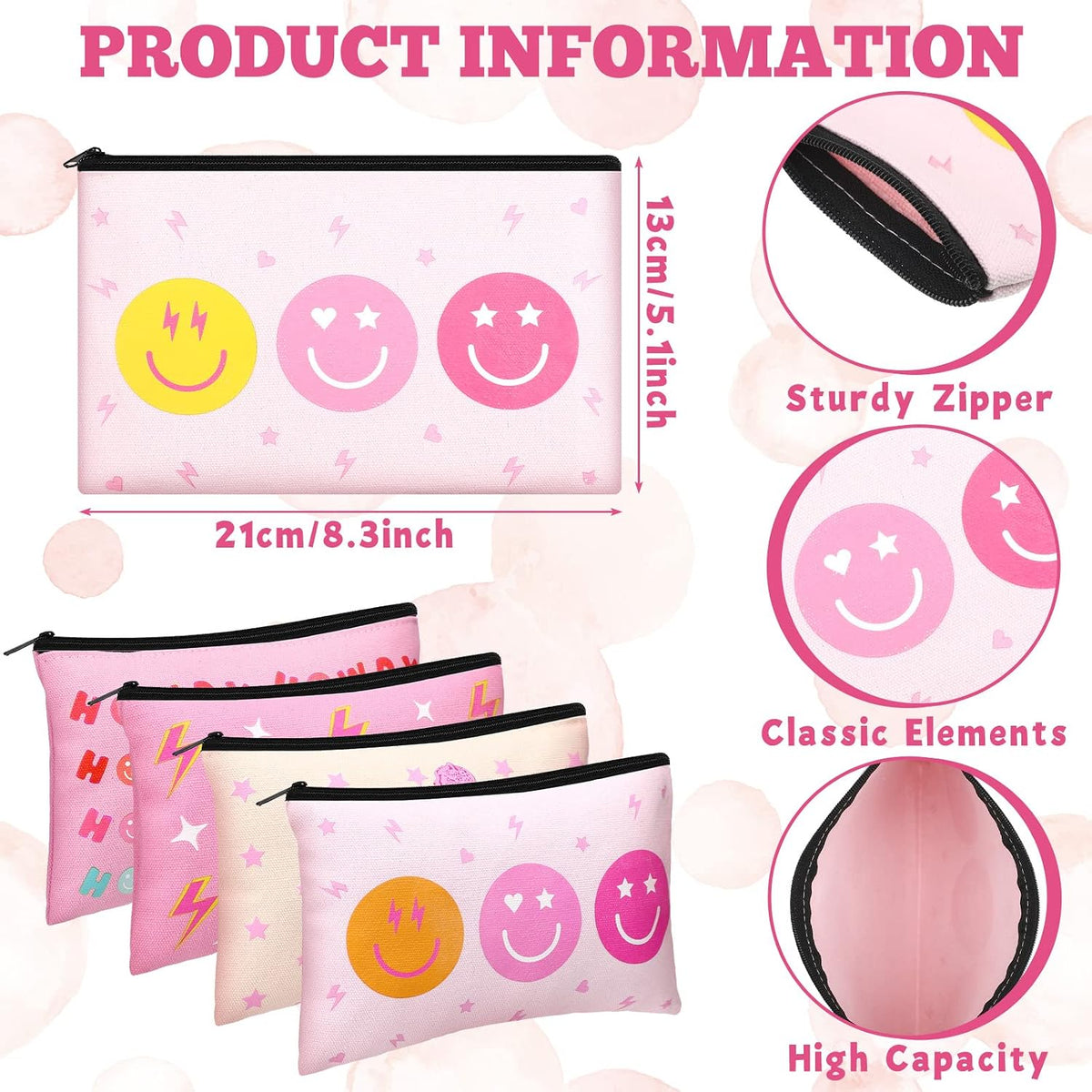 Hillban cosmetic pouches showing leopard and smiley patterns