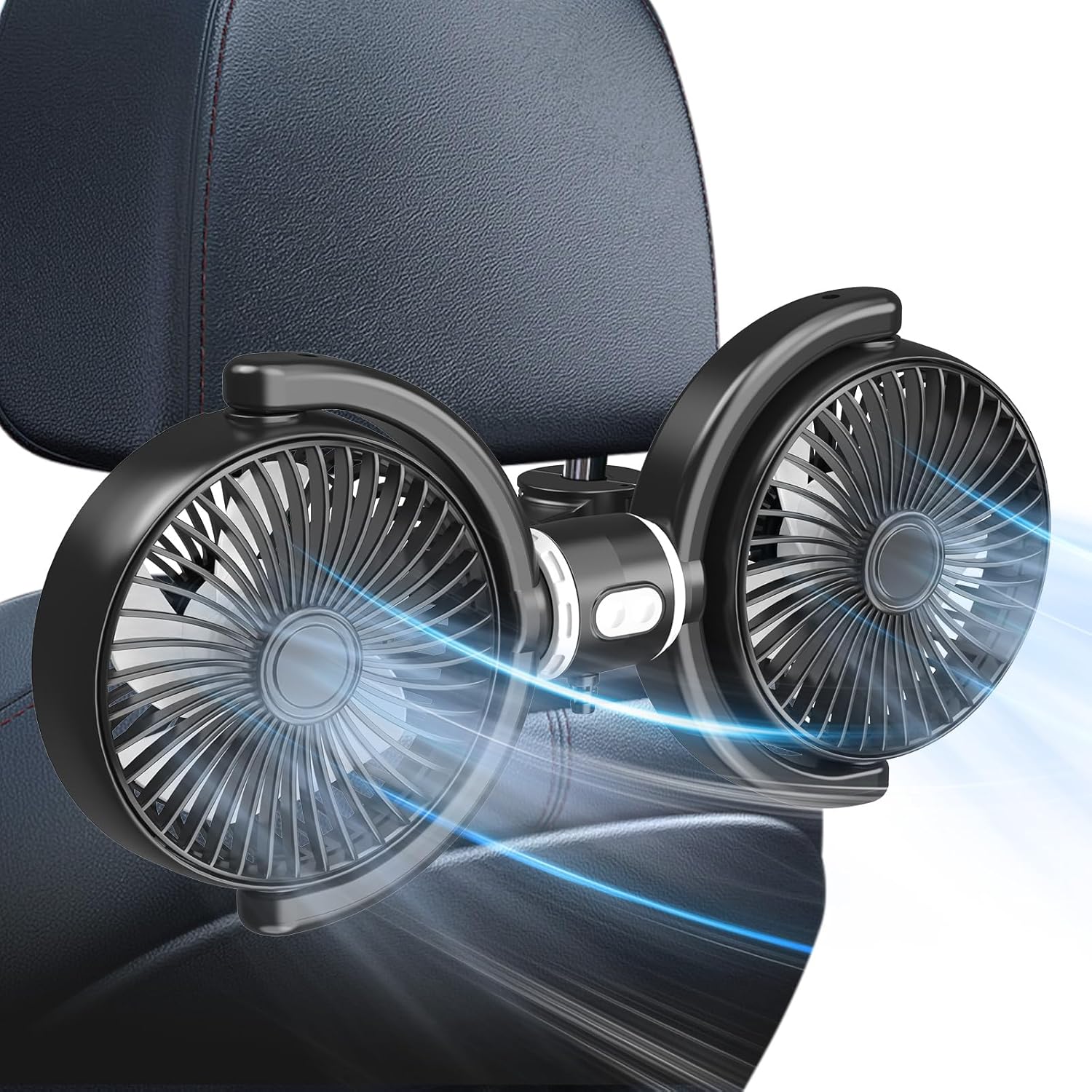 Trustnice USB car fan front view showing dual black cooling heads attached to vehicle headrest posts.