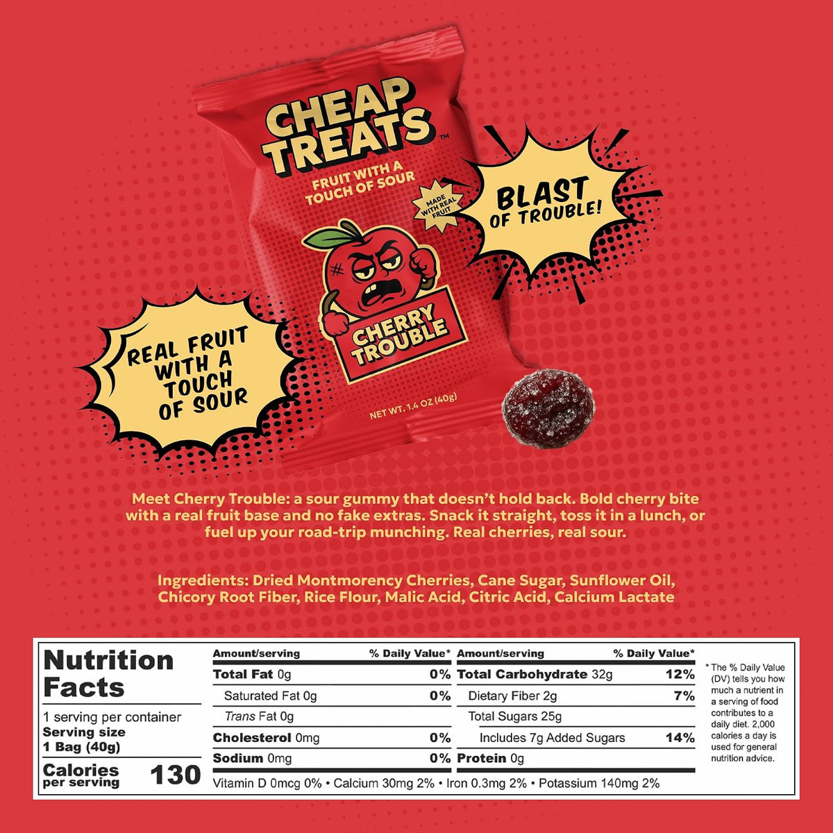 Open pouch of Cheap Treats Sour Bites displaying the mixed fruit assortment inside.