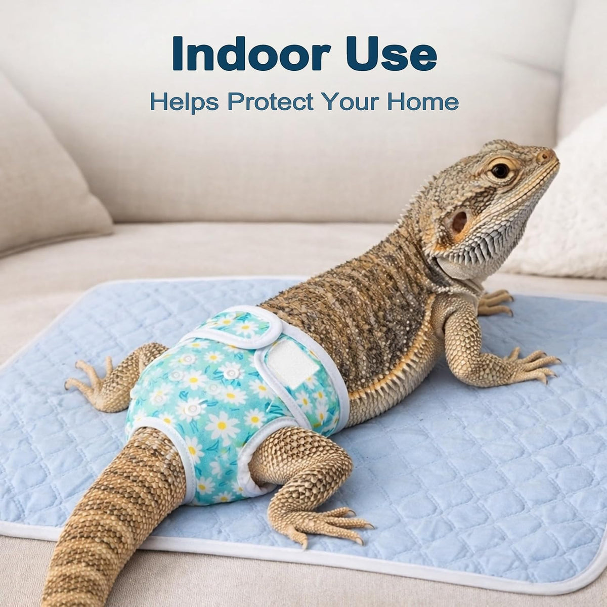 Blue extra small reusable reptile diaper with adjustable straps displayed flat to show sizing details.