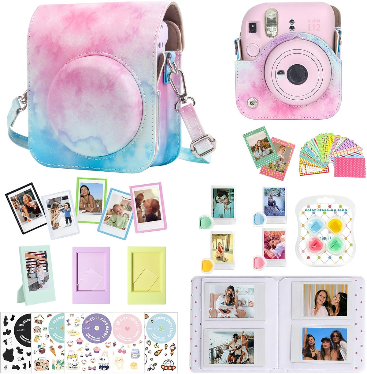 CAIYOULE Instax Mini 12 accessory bundle front view showing watercolor camera case and photo album
