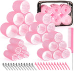 Obeoby self grip hair rollers set pink front view displaying fifty pieces with clips and styling comb.