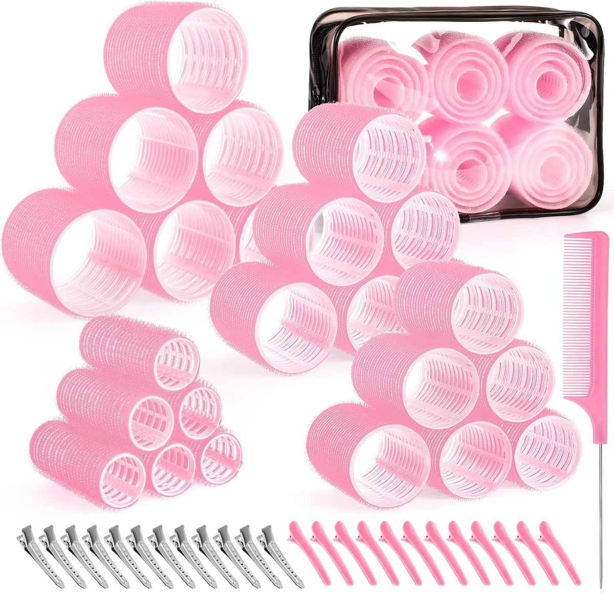 Obeoby self grip hair rollers set pink front view displaying fifty pieces with clips and styling comb.