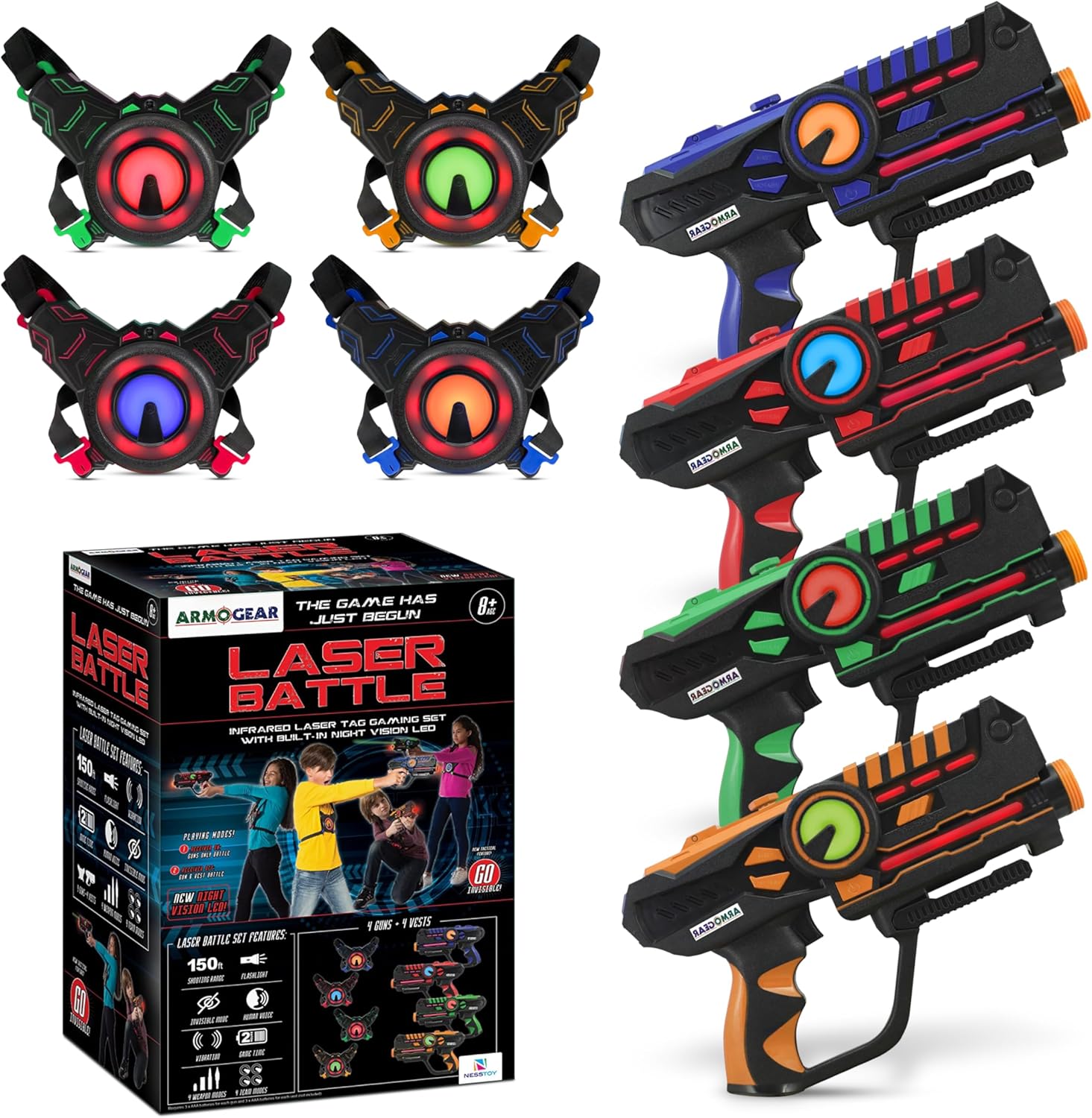 ArmoGear Set of 4 Laser Tag Guns with Vests - Laser Tag Set for Kids and Adults - Toy Guns with 150 ft Range, Night Vision, Invisibility Mode - Battery Operated - Multiplayer Outdoor Game for Ages 8+ - Image 1