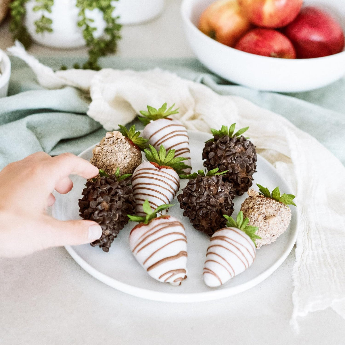 Assorted milk and white chocolate dipped strawberries in gift packaging