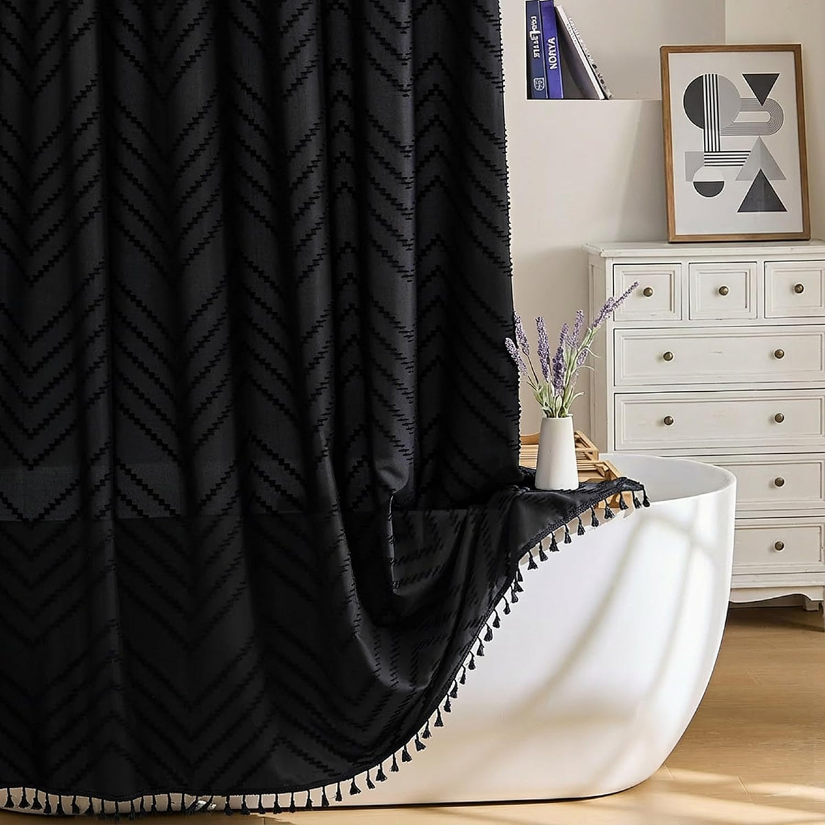Siiluminisoy Extra Long Grey Boho Shower Curtain with Tassel, Woven Fabric 96 in Shower Curtain, Tufted Chevron Striped, 72 x 96, Modern Chic Textured Minimalist Bathroom Shower - Image 15
