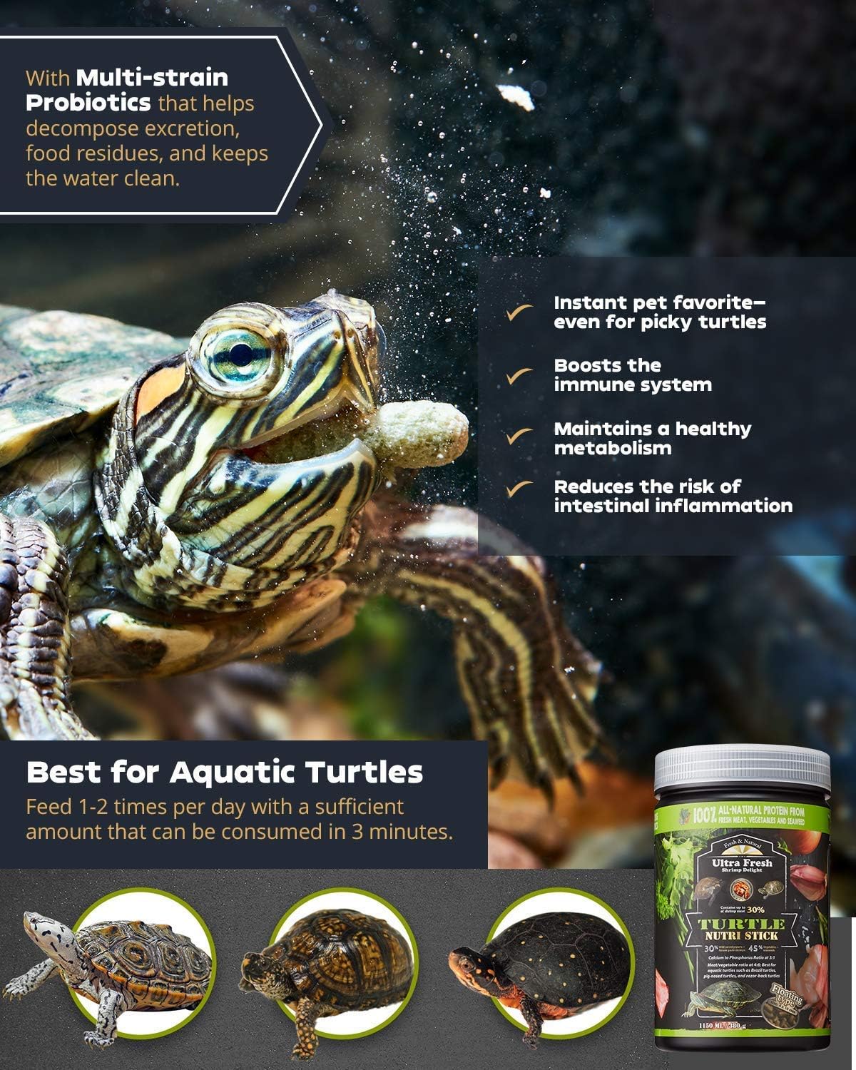 Imported USA authentic turtle food for picky eaters close up view