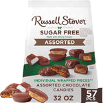 Russell Stover Sugar Free Assorted Chocolate Candy thirty two ounce bag front view showcasing guilt free sweets